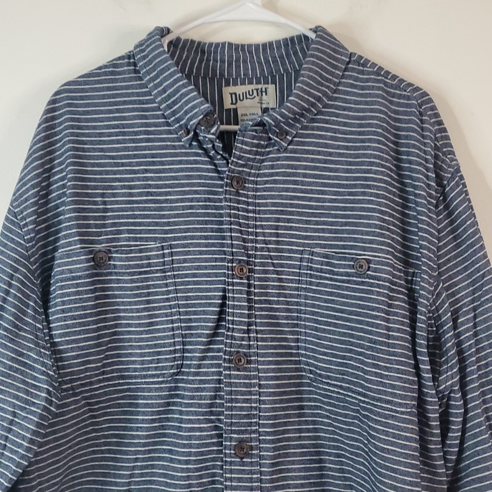 Duluth Trading Mens Free Swingin Flannel Shirt Size 2XL Tall Blue White Stripe - Picture 2 of 10